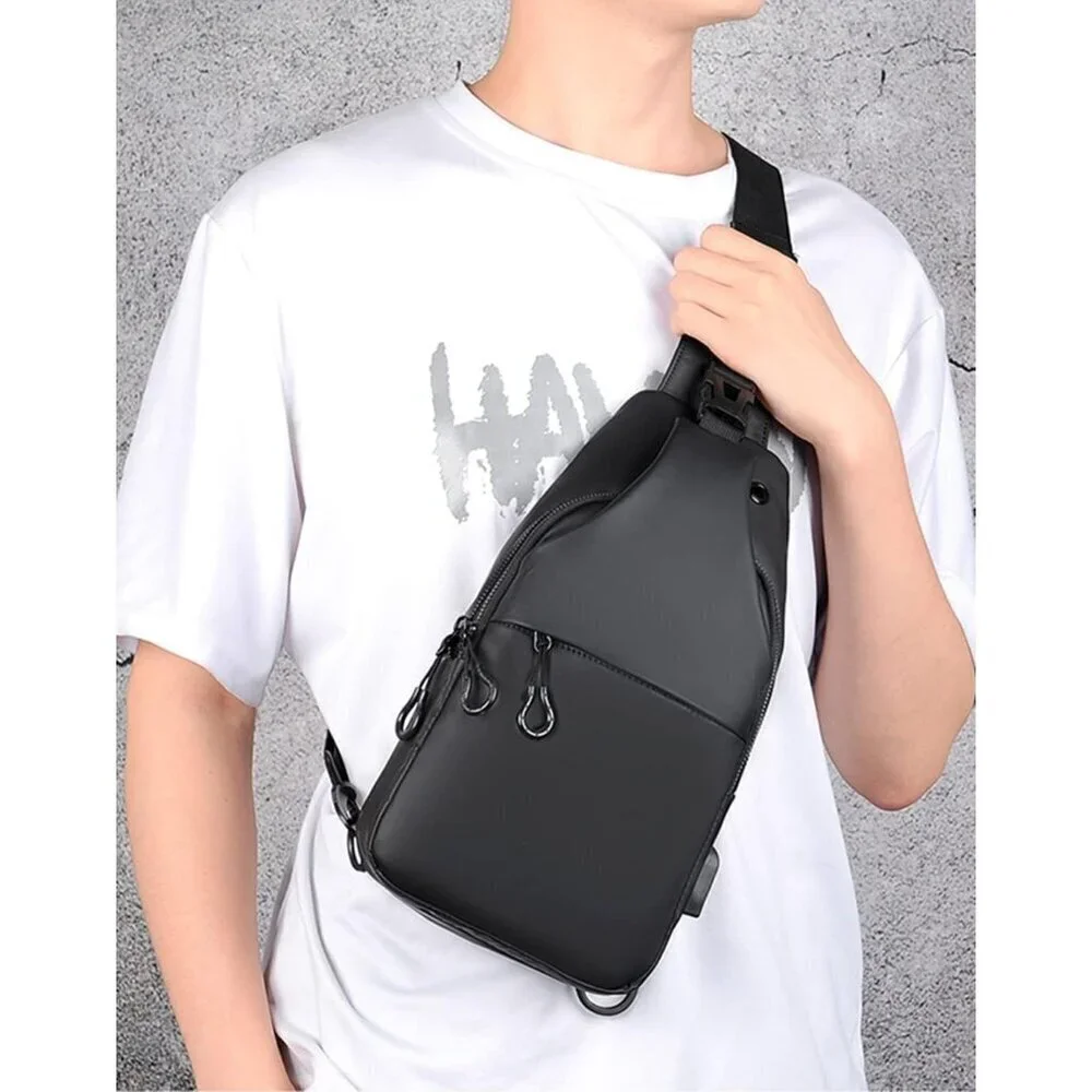 💫 Men Black Crossbody Bag Sling Waterproof USB Charging Port Headphone Backpack